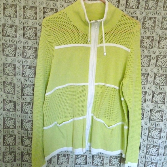 Lime Green Athleisure Sweater Cotton Knit Mesh - Picture 1 of 8